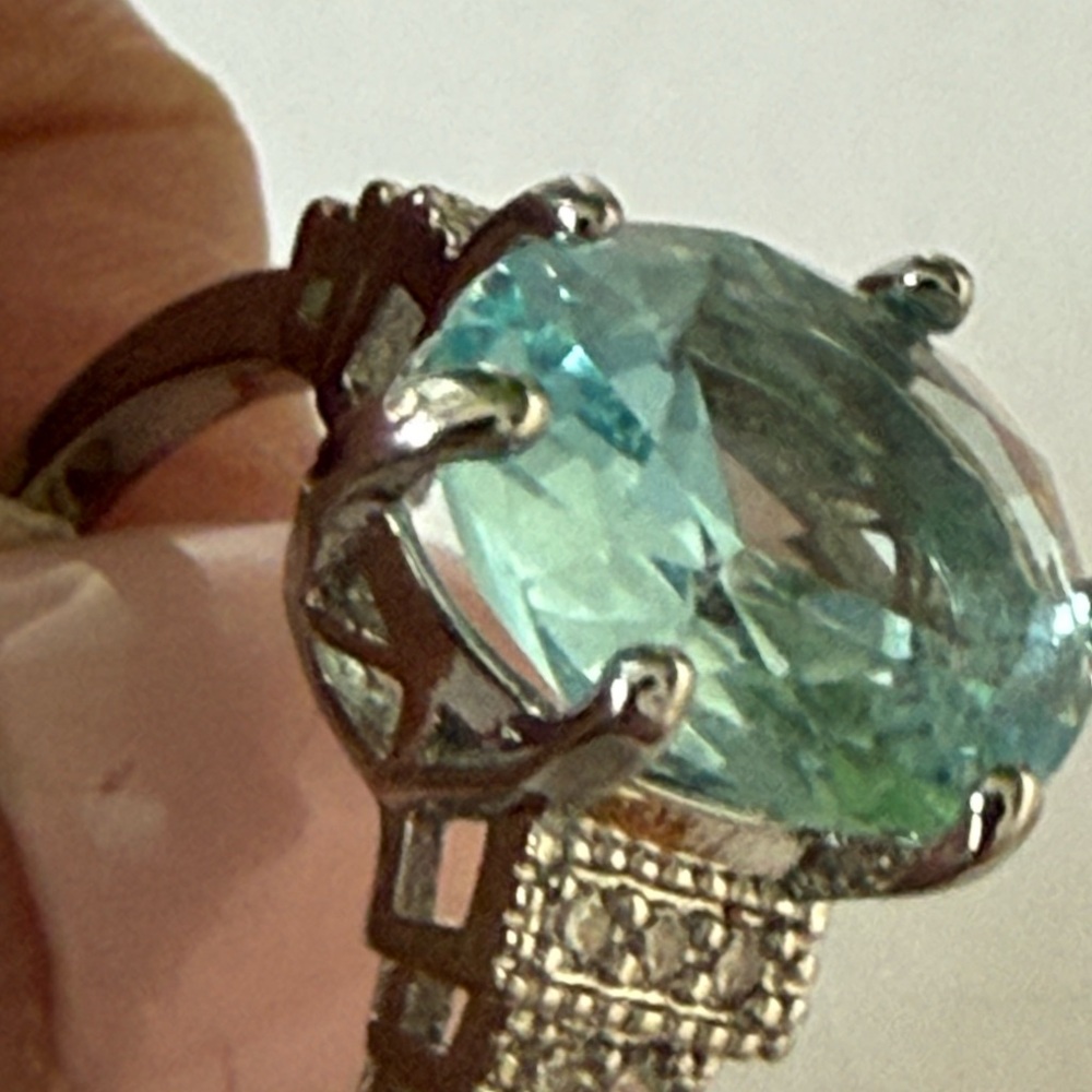Fashion Jewelry Silver Ring with Light Blue Center Stone and Pavé Accents - Picture 4 of 8